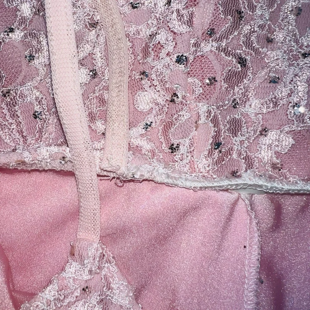 Vintage Pink Lace Dance Dress Silver Glitter Overlay Stretch Girls S Y2K Costume